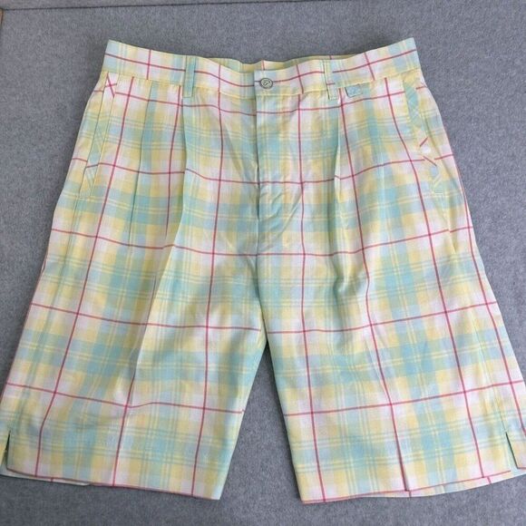 Men’s Ian Poulter IJP Golf Size 34 x 10 Yellow Plaid Pastel Shorts With‎ Pockets - Picture 1 of 9